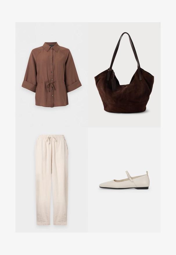 Chemise marron boutonnée avec manches 3/4 et ceinture nouée à la taille, présentée sur un fond blanc uni.; Pantalons en lin beige avec une taille élastique et un cordon de serrage. Comprend deux poches latérales et une coupe décontractée avec des jambes droites.; Ballerines en cuir blanc avec bout pointu, bride à la cheville et petit talon noir. Texture lisse avec des accents minimaux.; Handbag en cuir suédé marron avec une forme douce et souple. Doté de poignées en cuir et d'une étiquette décorative. Texture plain avec des coutures courbes.