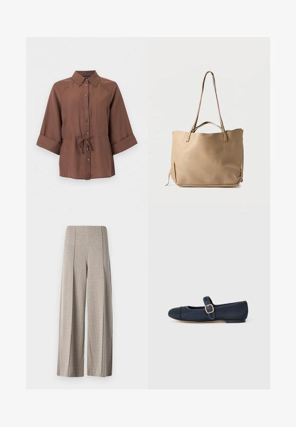 Camisa marrón abotonada con mangas 3/4 y cinturón atado en la cintura, mostrada sobre un fondo blanco liso.; Pantalones de pierna ancha beige, hechos de una tela texturizada con un patrón de espiga, con una cintura alta y pliegues prensados a lo largo de las piernas.; Bailarinas azul marino con puntas redondas y tela texturizada. Presentan una correa decorativa con una hebilla dorada y una suela plana.; Bolso tote de cuero beige con dos largas correas para el hombro, superficie texturizada y diseño minimalista. Cuenta con apertura superior y lazos laterales.