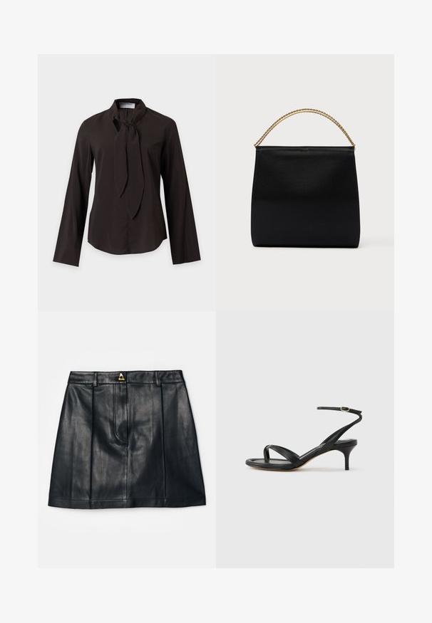 Blouse noire à manches longues avec un détail d’écharpe nouée au cou et un ourlet légèrement arrondi, présentée sur un fond clair uni.; AERON RUDENS SKIRT - Jupe trapèze - black; Sandale pour femme en cuir noir avec fines lanières, une boucle d'orteil, une boucle à la cheville et un talon aiguille de hauteur moyenne sur un fond neutre.; Sac noir en tissu lisse, présentant une forme structurée, une poignée en chaîne dorée et un design géométrique minimaliste.