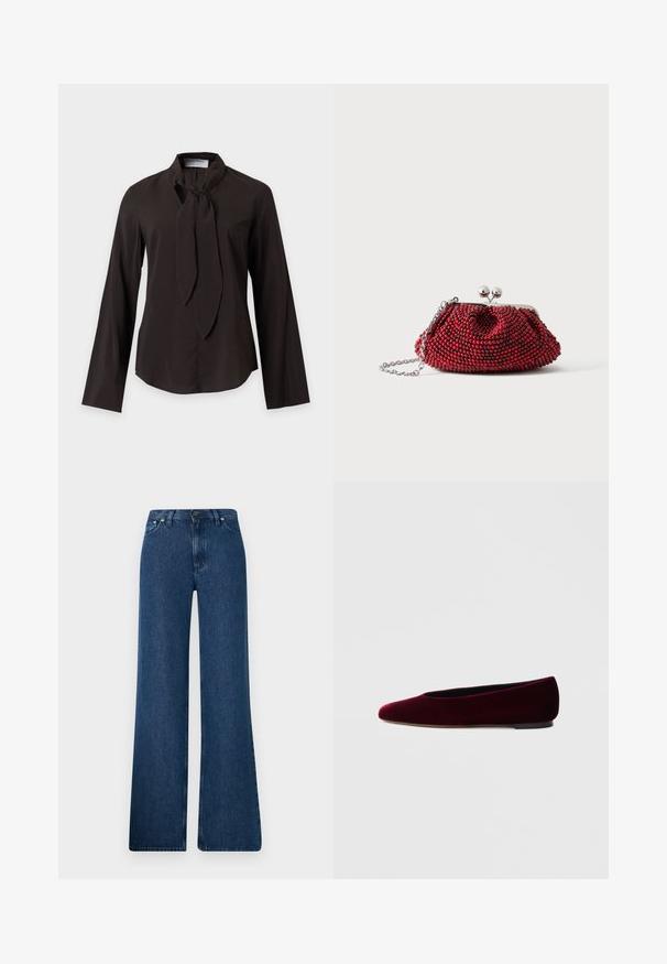 Sort langærmet bluse med et bundet halstørklæde-detalje og en let buet kant, vist på en ensfarvet lys baggrund.; Blå denim flared jeans med høj talje, fem-lomme design og metalknaplukning. Glat tekstur, afslappet stil og minimal syning.; Bourgognefarvede balletflade sko i fløjl med rundet tå og lav hæl, med en glat tekstur og elegant design.; Lille rød perlebesat clutch med sølvspænde og kæderem på en ensartet hvid baggrund.