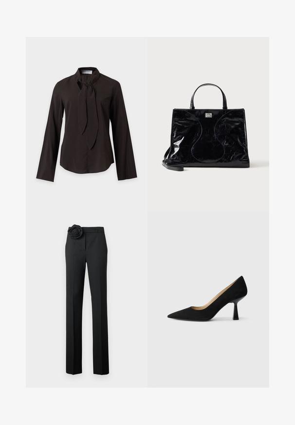 Blouse noire à manches longues avec un détail d’écharpe nouée au cou et un ourlet légèrement arrondi, présentée sur un fond clair uni.; Pantalon noir à coupe ajustée, avec un accent en rose en tissu à la taille, jambes droites et texture lisse.; Pompe à talons hauts en suède noir avec un bout pointu, dotée d'un talon bloc noir brillant et d'une doublure intérieure lisse.; Sac à main en cuir noir brillant avec poignées courtes, bandoulière amovible et détails de couture discrètement courbés à l’avant.