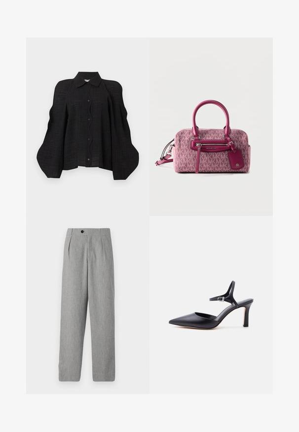 Blouse noire texturée à boutons, avec des manches bouffantes structurées et volumineuses et un col classique pointu.; CLOSED MAWSON - Pantalon classique - mud grey; Escarpin noir à bout pointu avec fine bride à la cheville et boucle argentée, finition en cuir lisse, chaussure élégante pour femme.; Sac à main rose Michael Kors avec motif répétitif du logo MK, poignées supérieures, poche avant zippée, et étiquette en cuir attachée avec un emblème métallique MK.