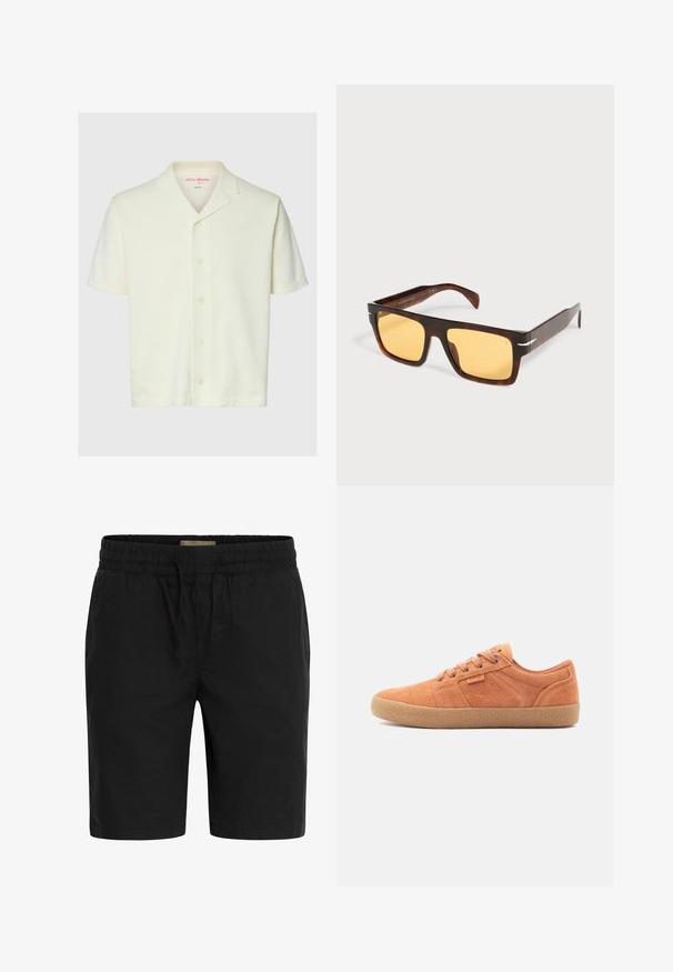 Camisa de manga corta color crema con botones, cuello tipo campamento y dobladillo recto, que presenta una textura sutil de la tela y un diseño minimalista.; Pantalones cortos negros hechos de una tela ligera, que cuentan con una cinturilla elástica con cordón y bolsillos laterales para mayor comodidad.; Zapatillas de gamuza marrón con una superficie texturizada, punta redonda y suela de goma. Presentan un diseño con cordones y acentos cosidos en los laterales.; Gafas de sol rectangulares de carey con monturas anchas y lentes tintadas de amarillo sobre un fondo blanco.