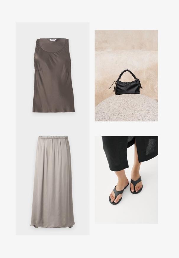 Brun satin ærmeløs top med rund halsudskæring og bløde draperinger i siderne. Etiketten indeni viser mærkenavnet "WEEKDAY."; Lang, beige nederdel lavet af blød, letvægtsstof med elastisk talje, der har et flydende design og en subtil glans.; Nærbillede af fødder iført sorte læder-tåsandaler med en sort nederdels kant synlig over anklerne på en hvid gulv.; Sort håndtaske med rynkede detaljer og et samlet håndtag, hvilende på en tekstureret stensfære mod en beige betonvæg.