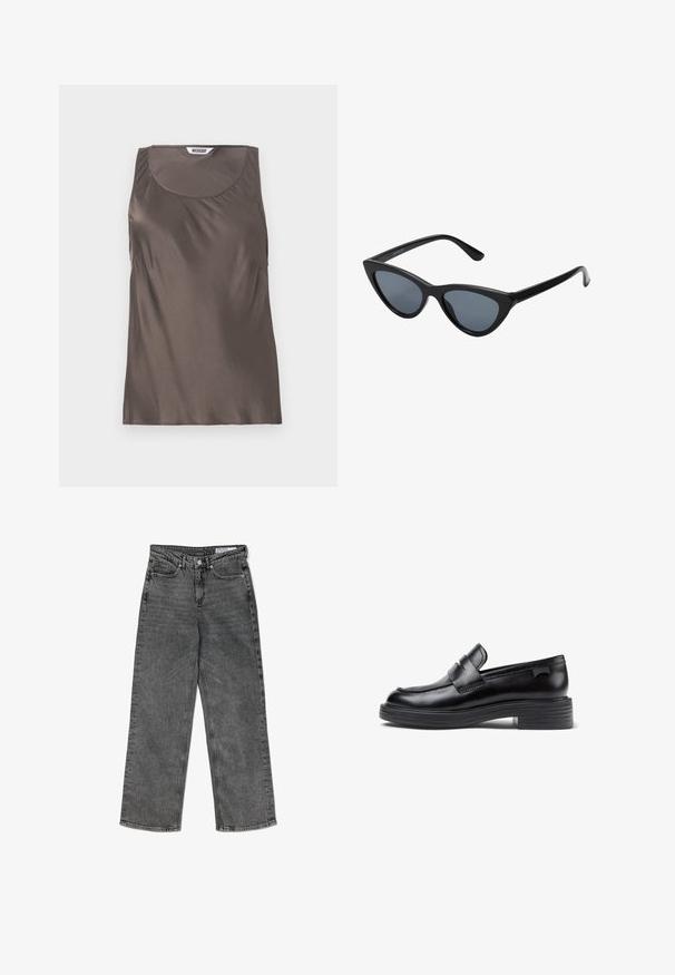 Brun satin ærmeløs top med rund halsudskæring og bløde draperinger i siderne. Etiketten indeni viser mærkenavnet "WEEKDAY."; Højtaljede sorte vasket lige ben jeans med forlommer, bæltestropper, knaplukning og et mærkets indre taljeband.; Sorte læder loafers med en rund tå, der har et syet design og en kraftig gummisål. Accenteret med en dekorativ strop.; Sorte katteøje solbriller med mørkegrå linser, slankt plastisk stel, spidse hjørner og lige stænger. Ingen synlig hardware eller dekorationer.