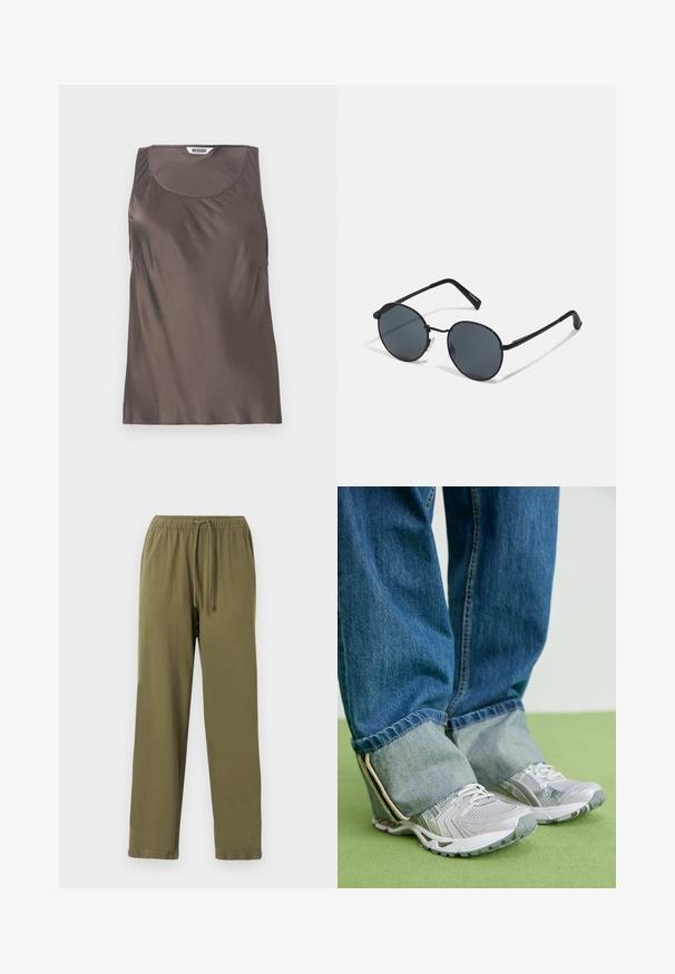 Braunes Satin-Top ohne Ärmel mit rundem Ausschnitt und sanfter Drapierung an den Seiten. Etikett innen sichtbar, das den Markennamen "WEEKDAY" zeigt.; Olivengrüne, leichte Jogginghosen mit einem elastischen Bund, verstellbarem Kordelzug und Bündchen am Saum. Aus glattem Baumwollmischgewebe.; Graue Turnschuhe aus Mesh-Material mit weißen Akzenten, kombiniert mit blauen Jeans, die an den Knöcheln umgeschlagen sind.; Schwarze Metal-Sonnenbrille mit runden Gläsern, dunkler Tönung, schlanken Bügeln und verstellbaren Nasenpolstern, mit einem minimalistischen Design und ohne sichtbares Branding.