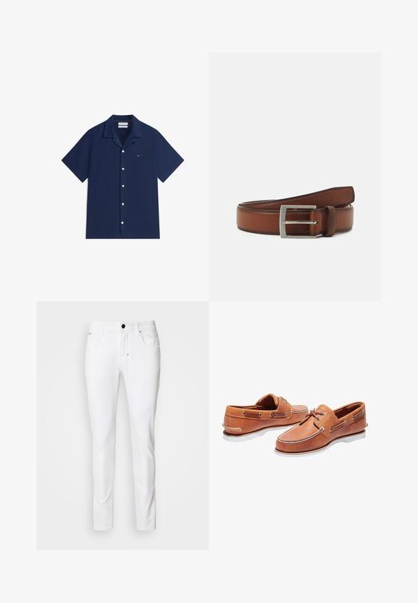 Marineblauw overhemd met korte mouwen, witte knopen en een klein rechthoekig logo op de linkerborst.; Witte denim jeans met een rechte pijpdesign, klassieke vijf-pocket stijl, metalen knoopsluiting en subtiele stikseldetails.; Bruine leren boot schoenen met witte stiksels, vetersluiting en rubberen zolen. Heeft metalen gaatjes en een afgeronde neusvorm.; Bruine leren riem met een zilveren rechthoekige gesp, met subtiele stikdetails en een gladde textuur.