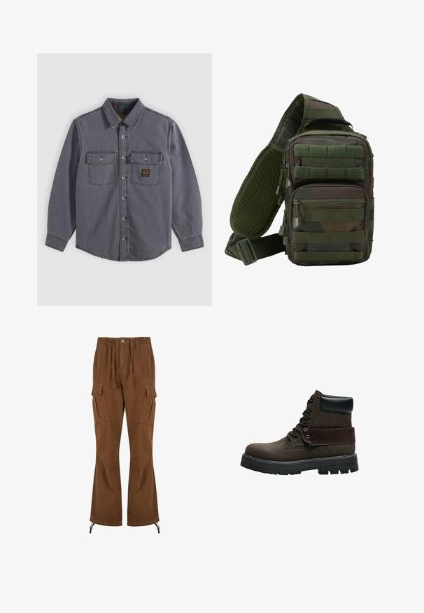 Donkergrijs overhemd met lange mouwen, knopen en kraag, twee borstzakken met kleppen en knopen en een klein rechthoekig patch op de rechter borstzak.; Bruine cargobroek met een elastische tailleband, trekkoorddetails, twee zijzakken en bredere pijpen met verstelbare zoom.; Donkerbruine veterenkelboot met zwarte gewatteerde kraag, dikke zwarte rubberen zool en omgeslagen manchet.; Groene camouflage schoudertas met meerdere ritszakken, een verstelbare schouderband en een mesh achterpaneel voor ventilatie.