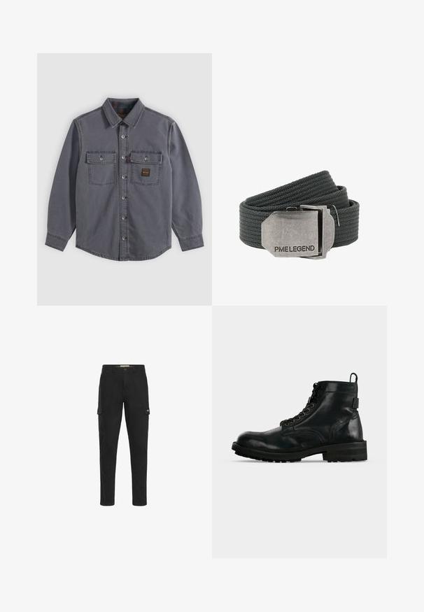 Chemise gris foncé à manches longues avec boutons, col, deux poches poitrine à rabat avec boutons, et un petit patch rectangulaire sur la poche droite.; Pantalon cargo noir au design slim, avec deux poches latérales et une poche arrière, fabriqué en tissu coton durable.; Bottine à lacets en cuir noir avec semelle épaisse et languette à l’arrière, vue de profil sur fond blanc.; Ceinture en tissu tissé gris foncé avec une boucle métallique rectangulaire gravée de "PME LEGEND" sur fond blanc.