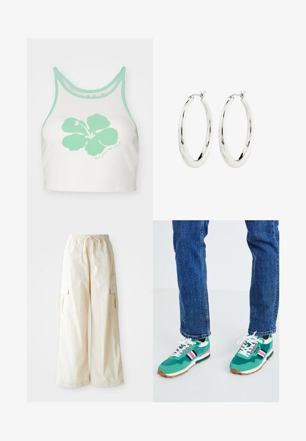 Witte crop top met mintgroene afwerking en een grote mintgroene hibiscusbloemgrafiek op de voorkant, met daaronder een handgeschreven tekstdetail.; Brede cargo-broek van lichtbeige stof met een elastische tailleband, trekkoordsluiting en zijzakken. Hete gladde textuur met minimale details.; Groene sportsneakers met witte en marineblauwe accenten, roze streepdetails en een gestructureerde stof. Geveterd met witte veters; rubberen zool.; Zilveren oorbellen in de vorm van een gladde, glanzende ring. Circulaire vorm, voorzien van een veilige sluiting. Eenvoudig en elegant ontwerp.