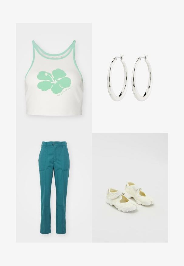 Witte crop top met mintgroene afwerking en een grote mintgroene hibiscusbloemgrafiek op de voorkant, met daaronder een handgeschreven tekstdetail.; Teal broek gemaakt van een gladde, gestructureerde stof. Voorzien van een knoopsluiting, twee voorkruiszakken en een rechte pasvorm.; Witte mesh schoenen met een gestructureerd ontwerp, voorzien van een klittenbandsluiting en uitsparingen aan de zijkanten, textielstof en een chunky zool.; Zilveren oorbellen in de vorm van een gladde, glanzende ring. Circulaire vorm, voorzien van een veilige sluiting. Eenvoudig en elegant ontwerp.