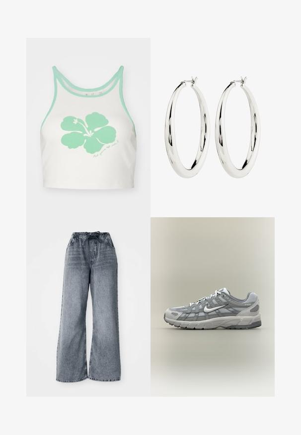Witte crop top met mintgroene afwerking en een grote mintgroene hibiscusbloemgrafiek op de voorkant, met daaronder een handgeschreven tekstdetail.; Grijze wijde denim broek met een elastische tailleband, trekkoordsluiting en zijzakken. Vervaagde textuur over de stof.; Enkele grijs-witte Nike P-6000 sneaker met mesh- en suède bovenwerk, gezien van de zijkant op een neutrale achtergrond.; Zilveren creool oorbellen met een gladde, reflecterende oppervlak. Ronde, grote vorm met een veilige sluiting aan de bovenkant. Gepolijste afwerking toont de glans.
