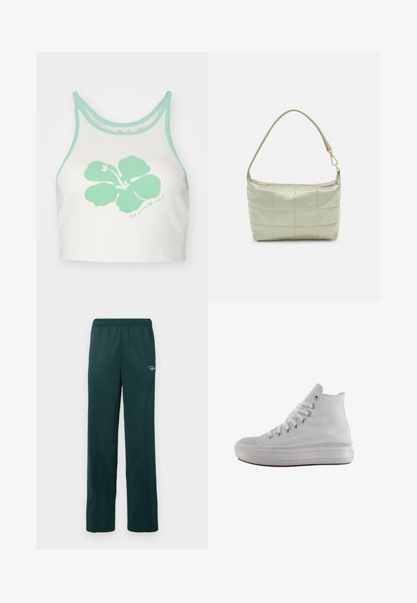 Witte crop top met mintgroene afwerking en een grote mintgroene hibiscusbloemgrafiek op de voorkant, met daaronder een handgeschreven tekstdetail.; Donkergroene sweatpants van zacht materiaal, met een elastische tailleband en zijnaadseams, en een klein logo op de voorkant.; Witte hoge canvas sneaker met witte veters, metalen oogjes, dikke rubberen zool en gestructureerde neuskap, naar links gericht op een witte achtergrond.; Gewatteerde groene schoudertas met een zachte textuur, rechthoekige vorm, enkele schouderriem en een ritsluiting in goudkleur. Voorzien van een gewatteerd patroon.