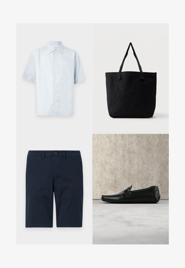 Himmelblaues Kurzarmhemd mit feinem Blattmuster, Knopfleiste und klassischem Kragen aus einem glatten, strukturierten Stoff.; Marineblaue Shorts aus Baumwollmischung, mit Knopfverschluss, Gürtelschlaufen und geradem Saum mit minimaler Gestaltung.; Schwarze Lederloafers mit glänzender Oberfläche, runder Zehenpartie und dekorativem Metallbesatz an der Front. Flache Gummisohle. Glatte Textur.; Schwarze Canvas-Shopper-Tasche mit zwei Schulterriemen und einem dezenten, eingeprägten kreisförmigen Design auf der Vorderseite.