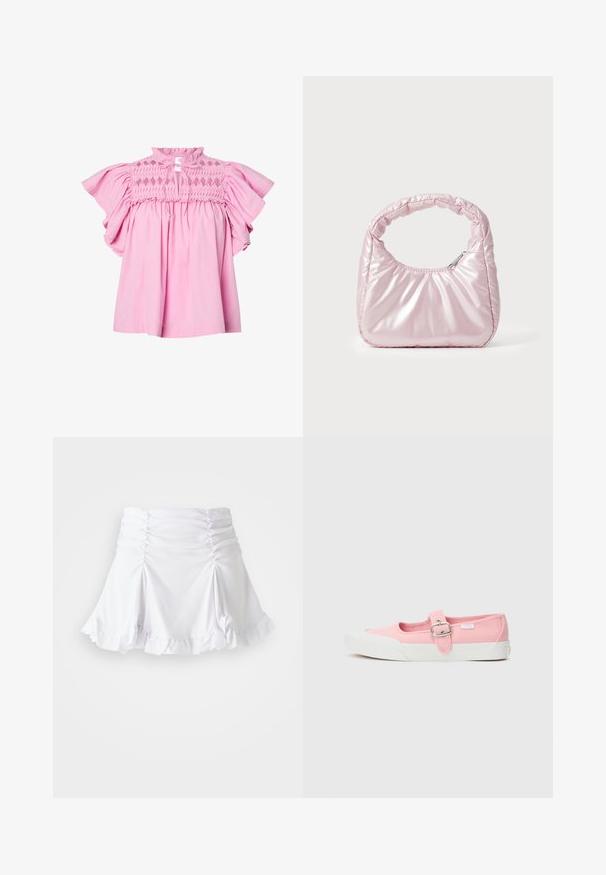 Blusa rosa con mangas cortas acampanadas, parte superior del cuerpo con fruncido de patrón de diamantes y un pequeño escote delantero atado con cintas de tela.; Falda blanca de tela texturizada con detalles fruncidos y dobladillo con volantes. Presenta un diseño acampanado con una cintura ajustada.; Zapatilla de lona rosa con suela plana, que presenta una correa y hebilla en la parte media del pie. Suela de goma blanca con un diseño limpio y simple.; Bolso de mano acolchado en color rosa con un diseño redondeado, fabricado en material brillante. Presenta un asa fruncida y un cierre de cremallera para un acceso seguro.