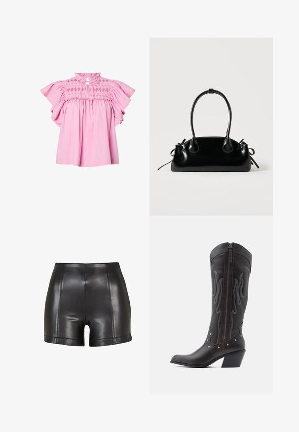 Blusa rosa con mangas cortas acampanadas, parte superior del cuerpo con fruncido de patrón de diamantes y un pequeño escote delantero atado con cintas de tela.; Pantalones cortos de imitación de cuero negros con una cintura alta, textura suave y costuras visibles a lo largo del frente y el dobladillo.; Botas de cowboy de cuero marrón con costuras en forma de llama, cremallera lateral, tachuelas plateadas, punta puntiaguda y tacón apilado.; Pequeño bolso negro brillante con dos asas largas y detalles de cordón lateral sobre un fondo claro liso.