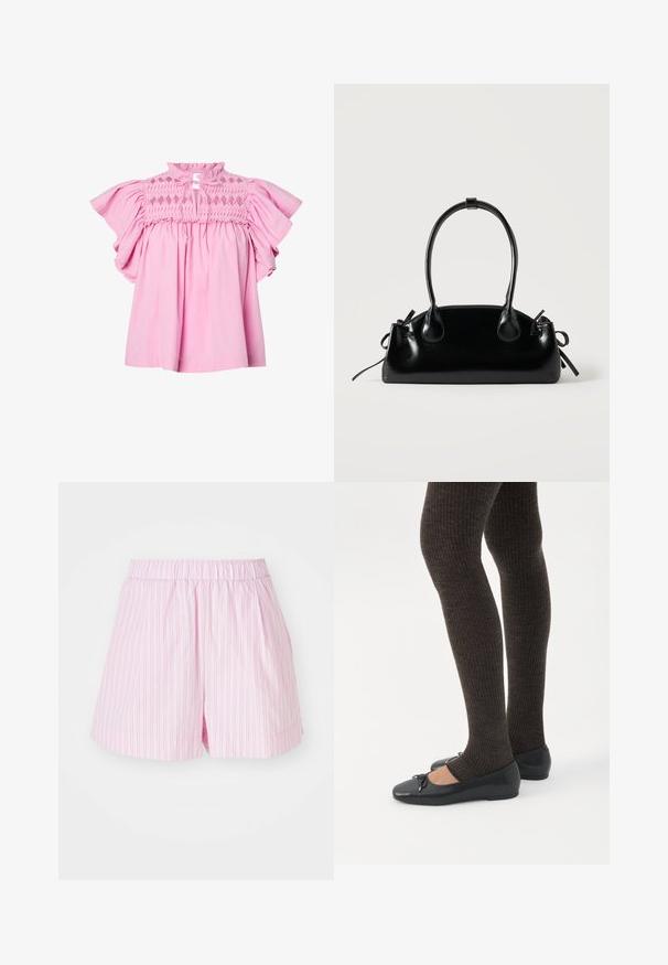 Lyserød bluse med korte flæseærmer, diamantmønstret smocket overdel og et lille nøglehul foran, der er bundet med stofsnore.; Lyserøde shorts med hvide lodrette striber, udstyret med elastisk talje og løs pasform, lavet af blødt, let stof.; Ben iført mørke ribbede leggings kombineret med sorte balletsko med små sløjfedetaljer på hvid baggrund.; Lille sort blank håndtaske med to lange håndtag og snøre-detaljer i siden på en ensfarvet lys baggrund.