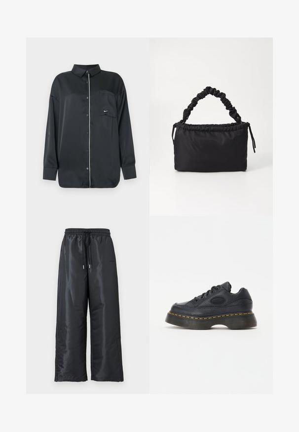 Camisa negra de manga larga con botones, con ribetes blancos a lo largo de los botones y un bolsillo en el pecho que presenta un pequeño logo blanco de Nike.; Pantalones negros de pierna ancha, hechos de una tela brillante y suave. Cuentan con una cinturilla elástica con cordón y bolsillos laterales.; Zapatilla de cuero negro con acabado texturizado, punta redonda y suela de plataforma gruesa. Presenta costuras de acento amarillas y logotipo de la marca en el lateral.; Bolso negro hecho de tela suave y lisa. Presenta un asa fruncida y cierre con cordón, con forma rectangular y sin herrajes visibles.