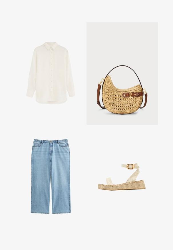Camisa blanca de manga larga con botones, cuello y puños, hecha de tela ligera y semitransparente, mostrada sobre un fondo liso.; Culottes de mezclilla azul claro con cintura alta, piernas anchas y diseño de cinco bolsillos, con costuras en contraste y cierre de botón.; South Beach TWO PART - Alpargatas - cream; Bolso hobo de paja trenzada con forma curva, correa de cuero marrón con hebilla y color natural tostado. Superficie texturizada con costuras visibles.