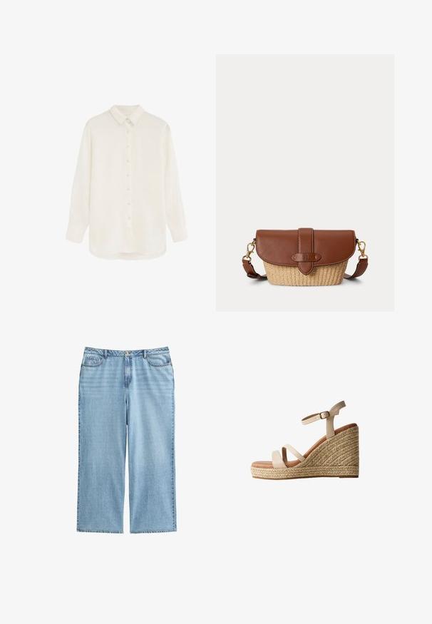 Witte blouse met lange mouwen, knoopsluiting, kraag en manchetten, gemaakt van lichtgewicht, halfdoorzichtig materiaal, getoond op een egale achtergrond.; Lichtblauwe denim culottes met een hoge taille, brede benen en een vijf-pocket ontwerp met contrasterende stiksels en een knoopsluiting.; Beige sleehak sandaal met gevlochten jute plateau, twee voorste bandjes, een enkelbandje met gesp en een bruine gevoerde binnenzool.; Bruine leren en geweven stro schoudertas met klepsluiting en verstelbare riem met gespen in goudkleur.