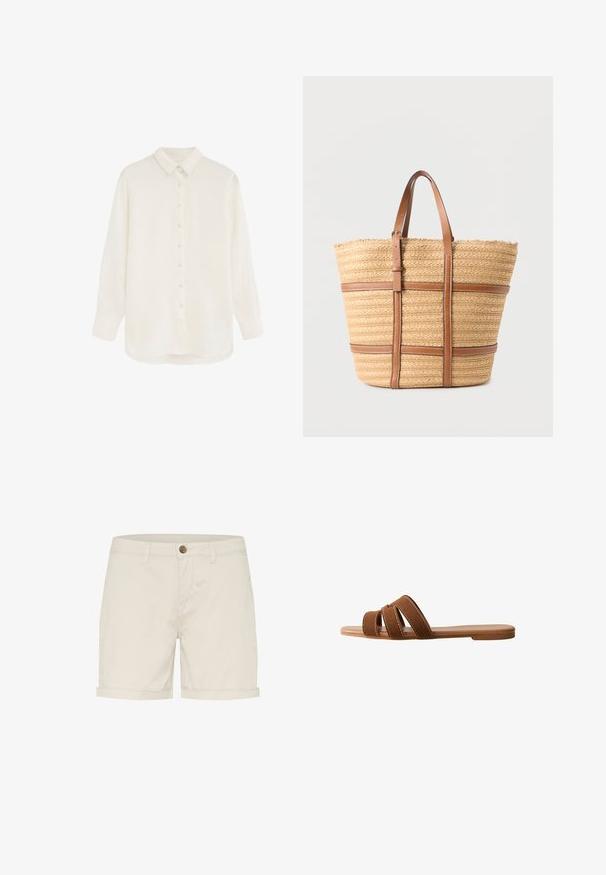 Camisa blanca de manga larga con botones, cuello y puños, hecha de tela ligera y semitransparente, mostrada sobre un fondo liso.; Bermudas de algodón de color beige claro con cierre de botón, puños doblados y bolsillos laterales. Textura suave y diseño ajustado para mayor comodidad.; Sandalia tipo slide de ante marrón con tres correas superpuestas, suela plana y costuras blancas en contraste en las correas para detalle.; Bolso tote grande tejido color beige con dos correas de cuero marrón y bandas horizontales de cuero marrón sobre un fondo liso.