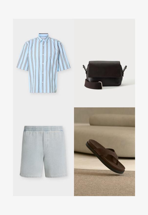 Chemise bleu clair à manches courtes avec boutons, rayures verticales blanches et brun foncé, et une poche poitrine sur fond blanc.; Short en denim bleu clair avec taille élastique et texture subtile, présenté à plat sur un fond blanc uni.; Sandale claquette en cuir marron avec une semelle noire suspendue au-dessus d'un tapis beige dans un intérieur aux tons neutres.; Sac bandoulière en cuir marron foncé avec fermeture à rabat et sangle en tissu réglable sur fond blanc.