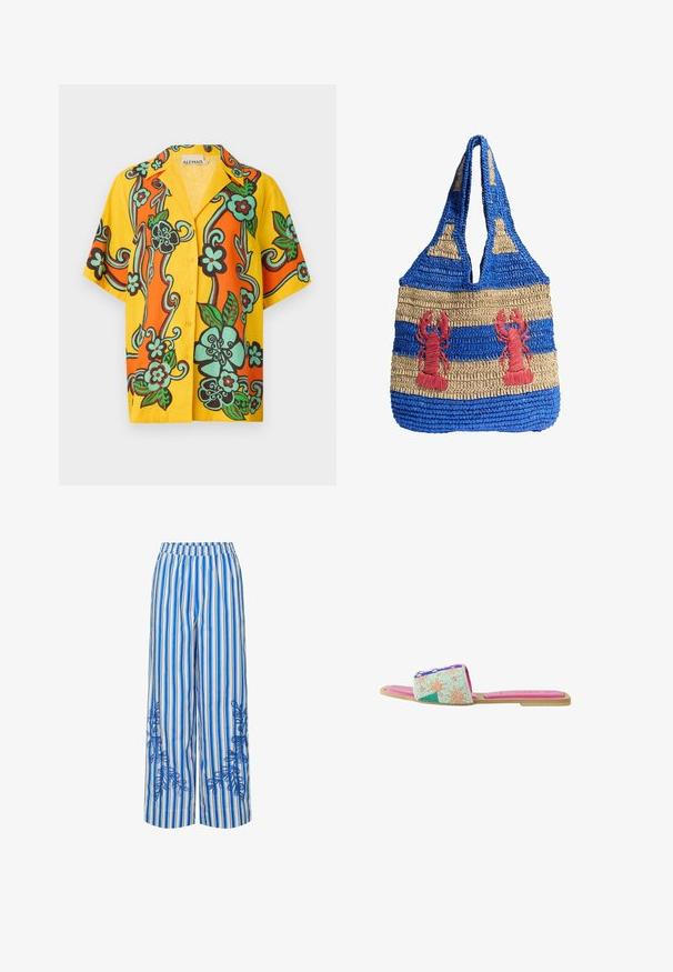 Alemais FLAME SHIRT - Skjortebluser - multi; Blå og hvide stribede brede bukser med elastisk talje, prydet med broderede blomsterdesigns på de nederste sider. Fremstillet af letvægtsstof.; Flad slidesandal med tanfarvet sål, lyserød indersål og perlebesat rem med sol- og abstrakte designs i pastelfarver.; Blå og beige vævet tote-taske med to røde hummere designs og flaskeformer på stropperne og den øverste del.