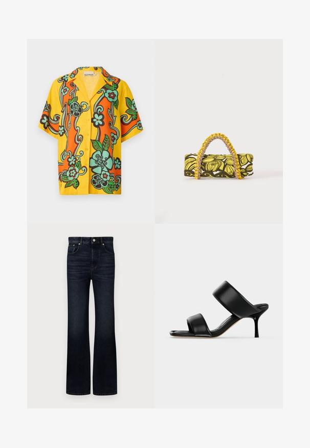 Alemais FLAME SHIRT - Blúzka so zapínaním na gombíky - multi; Tmavo modré rozšírené džínsy vyrobené z denimu, s vysokým pásom, piatimi vreckami a predným zapínaním na gombík. Hladký povrch s jemným vyblednutím.; Čierna kožená mule sandála s dvoma širokými remienkami a úzkym, stredne vysokým ihličkovým podpätkom na jednoduchom svetlom pozadí.; Obdĺžna taška so žltým a čiernym kvetinovým vzorom a pletenou žlto-ružovou rukoväťou na bielom pozadí.