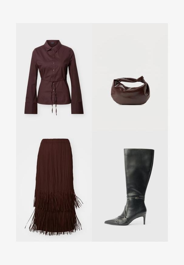 Donkerbruine blouse met lange mouwen, knoopsluiting, kraag, taillekoord en brede manchetten, getoond tegen een neutrale achtergrond.; Bruine geplooide midi-rok met gelaagde franjerand, voorzien van een elastische tailleband en een luchtige textuur.; Zwarte leren kniehoge laarzen met een slanke hak, puntige neus en banddetail bij de enkel. Gladde textuur en aansluitend ontwerp.; Donkerbruine leren schoudertas met een zachte, slungelige vorm en een gedraaide knoopvormige handgreep op een effen witte achtergrond.