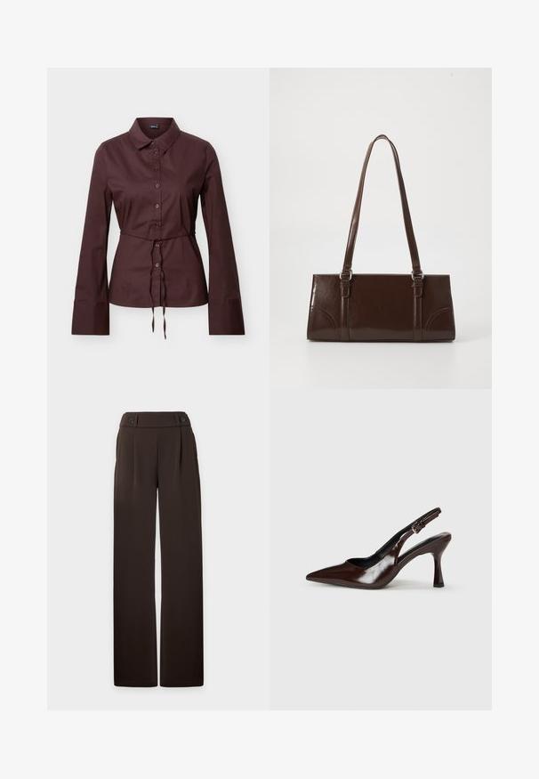 Chemise marron foncé à manches longues avec boutons, col, taille à cordon et larges poignets, présentée sur un fond neutre.; Pantalon large marron foncé à taille haute, plis sur le devant, passants de ceinture et deux boutons décoratifs à la ceinture, présenté sur un fond uni.; Talons slingback en cuir verni brun avec un bout pointu, un talon fin, et une sangle réglable avec une petite boucle.; Sac à main en cuir verni marron de forme rectangulaire, avec deux longues poignées et des accents courbés subtils à l'avant.