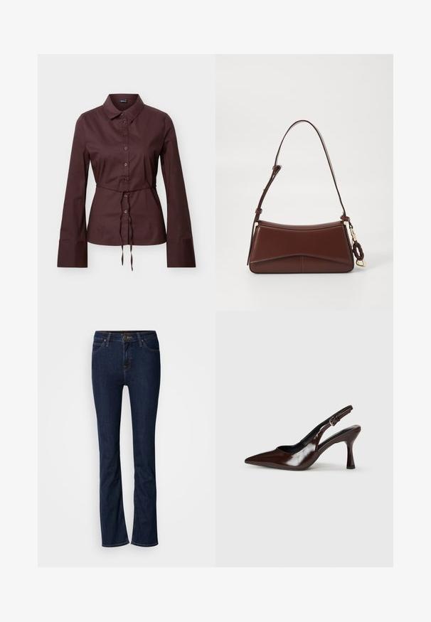 Donkerbruine blouse met lange mouwen, knoopsluiting, kraag, taillekoord en brede manchetten, getoond tegen een neutrale achtergrond.; Donkerblauwe denim jeans met een rechte pijpdesign, vijf-pocket stijl en lichte stiksels. De tailleband heeft een metalen knoopsluiting.; Bruine gepatineerde leren slingback pumps met een spitse neus, een dunne hak en een verstelbaar bandje met een kleine gesp.; Bruine leren handtas met een gebogen silhouet, enkele schouderriem en gouden accenten. Bevat een gevlochten detail en een gladde, matte textuur.