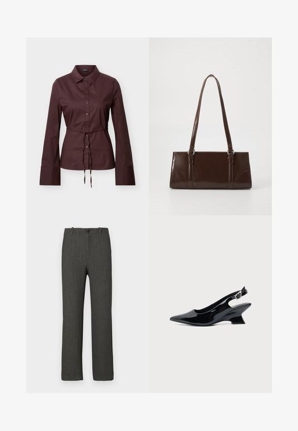 Chemise marron foncé à manches longues avec boutons, col, taille à cordon et larges poignets, présentée sur un fond neutre.; Pantalon gris à texture lisse, coupe droite, avec un motif à carreaux discret. Il présente une fermeture à bouton et des passants pour ceinture.; Chaussure slingback en cuir verni noir avec bout pointu et petit talon bloc incliné sur fond clair uni.; Sac à main en cuir verni marron de forme rectangulaire, avec deux longues poignées et des accents courbés subtils à l'avant.