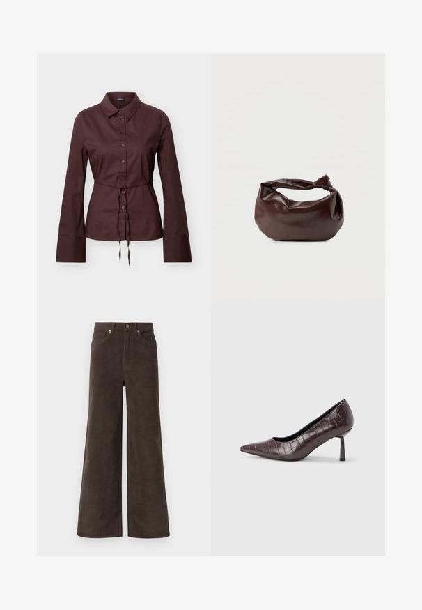 Camisa de manga larga de color marrón oscuro con botones y cuello, cintura con cordón ajustable y puños anchos, presentada sobre un fondo neutro.; Pantalones de pana de pierna ancha en marrón oscuro con bolsillos frontales, trabillas para cinturón y cierre de botón en la cintura.; Tacones puntiagudos de cuero sintético marrón con textura de cocodrilo, con un tacón delgado y angular y un forro interior suave.; Bolso de hombro de cuero marrón oscuro con una forma suave y caída, y un asa con nudo torcido sobre un fondo blanco liso.