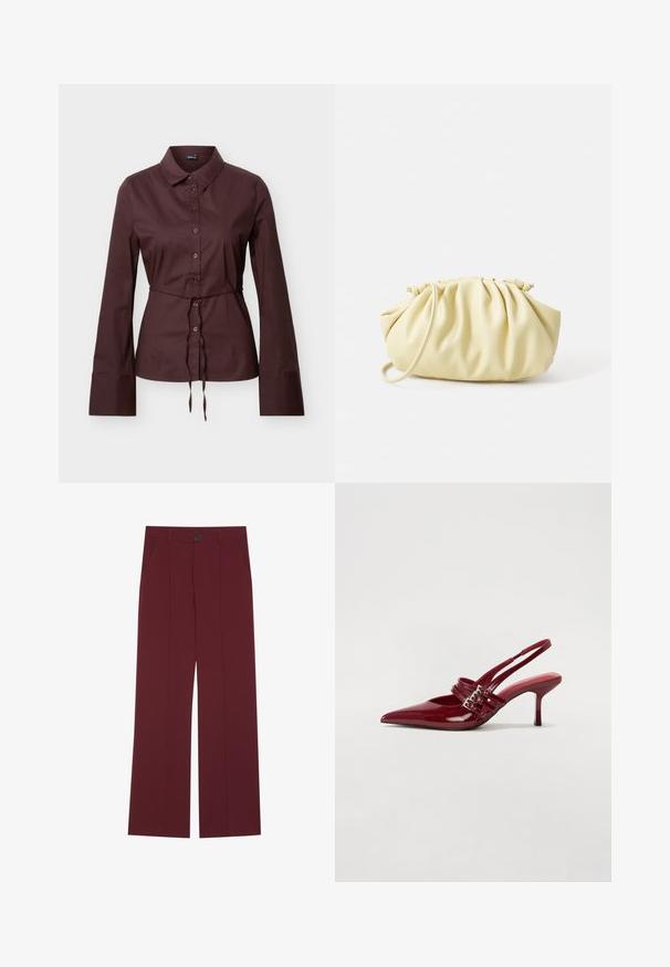 Camisa de manga larga de color marrón oscuro con botones y cuello, cintura con cordón ajustable y puños anchos, presentada sobre un fondo neutro.; Pantalones burdeos con un diseño de pierna ancha, que cuentan con un cierre de botón, dos bolsillos laterales y detalles de pliegues en la parte frontal. Textura de tela suave.; Zapatos de tacón tipo slingback en charol rojo con punta afilada, dos correas con hebilla y un tacón de stiletto delgado y de altura media. Textura suave.; Bolso amarillo plisado hecho de cuero sintético suave, con una forma blanda y una sola correa para el hombro, además de un diseño de parte superior recogida.