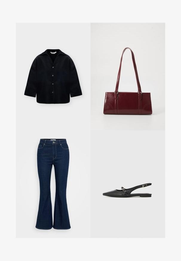 Sort skjorte med knapper, lange ærmer og krave, vist fladt på en lys baggrund med mærke "ONLY" inde i halsudskæringen.; Mørkeblå, flagrende jeans lavet af denim, med høj talje, forfickter og metalknaplukning. Glat tekstur med ensartet syning.; Sorte læder slingback-sko med spids tå, med en smal rem og en sølvspænde-detalje på siden. Flad sål.; Bordeaux håndtaske lavet af glansfuldt materiale, rektangulær form, med to skulderremme og subtile buede detaljer på forsiden.
