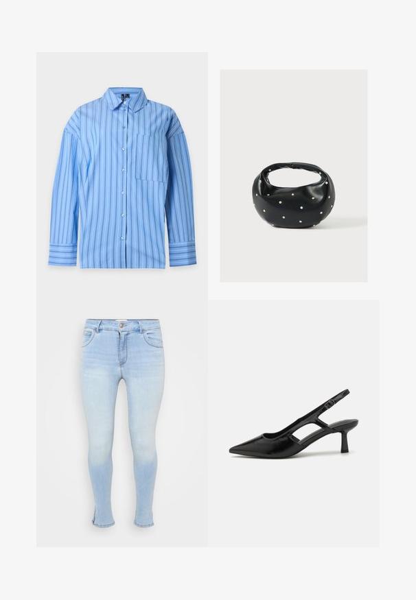 Camisa azul claro de manga larga con rayas verticales blancas y oscuras, bolsillo delantero, cierre con botones y puños anchos.; Jeans skinny azul claros de denim, con cinco bolsillos, cierre de botón y cremallera, y ligeramente deslavados para un aspecto usado.; Tacones de slingback negros con punta afilada, hechos de material brillante, que presentan acentos recortados y un tacón moderado para mayor soporte.; Bolso de mano de cuero negro con forma redondeada, decorado con detalles de tachuelas plateadas y un asa corta. Textura lisa y cierre con cremallera.