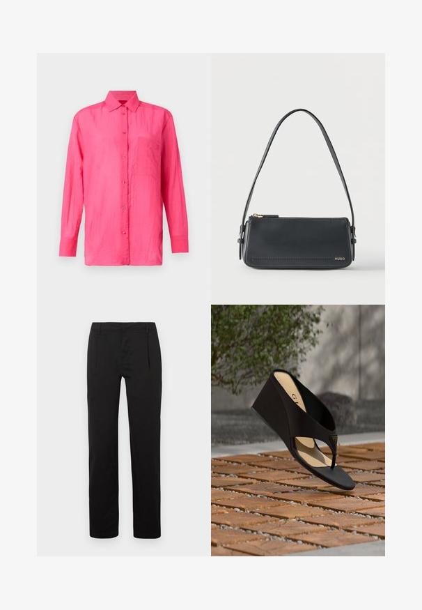 Chemise à manches longues, boutonnée, de couleur rose vif, fabriquée en matériau léger. Comprend une poche poitrine et une finition en tissu texturé.; Pantalon noir à jambes droites, doté d'une texture lisse, de plis à l'avant et d'une ceinture standard. Aucun motif ou accent notable.; Sandale compensée noire avec bride entre les orteils et emblème de logo triangulaire doré, présentée au-dessus d’un sol en briques texturé avec végétation et mur en arrière-plan.; Sac à bandoulière rectangulaire en cuir noir avec fermeture éclair dorée et petit logo "HUGO" doré sur le devant, doté d'une sangle réglable avec boucle.