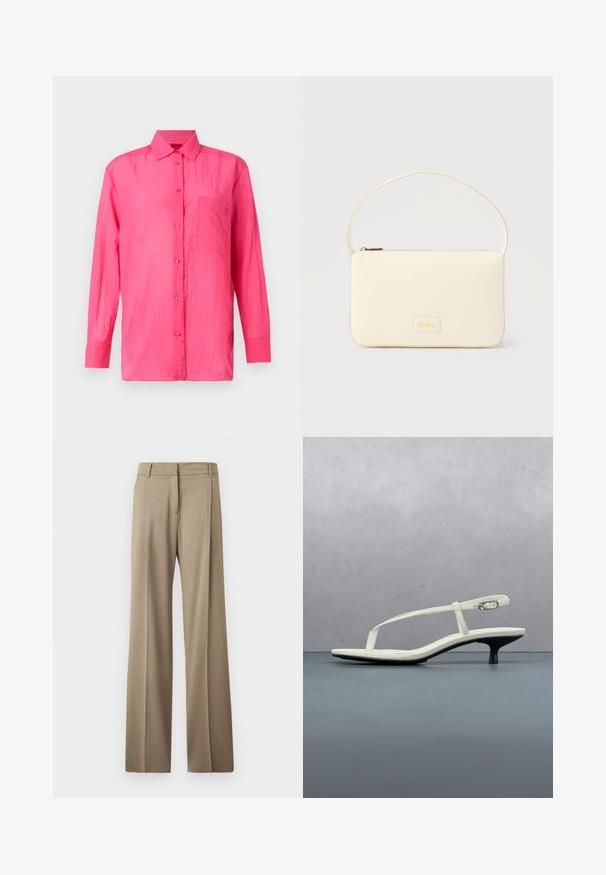 Camisa de manga larga y botones en color rosa brillante, hecha de un material ligero. Presenta un bolsillo en el pecho y un acabado de tela texturizada.; Pantalones de pierna ancha en un tejido marrón claro. Presentan una textura suave, pliegues bien planchados y un diseño de cinturilla plana en la parte delantera.; Sandalia blanca de tacón kitten con tiras y punta afilada, flotando sobre un suelo de baldosas de madera al aire libre, con un fondo desenfocado de plantas y pared.; Bolso rectangular color crema con una sola correa y cremallera superior, con una pequeña placa de logotipo en relieve en el frente.