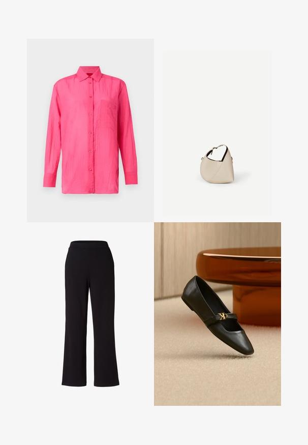 Camisa de manga larga y botones en color rosa brillante, hecha de un material ligero. Presenta un bolsillo en el pecho y un acabado de tela texturizada.; Pantalones negros de pierna ancha hechos de una tela suave y elástica. Cuentan con una cinturilla elástica para mayor comodidad. Diseño simple, sin patrones ni adornos.; Zapato plano de cuero negro con puntera puntiaguda y logo dorado de CK en la correa, colocado sobre una alfombra beige cerca de una mesa redonda marrón ámbar.; Bolso de cuero beige en forma de media luna con una sola correa para el hombro y costuras mínimas, colocado sobre un fondo blanco liso.