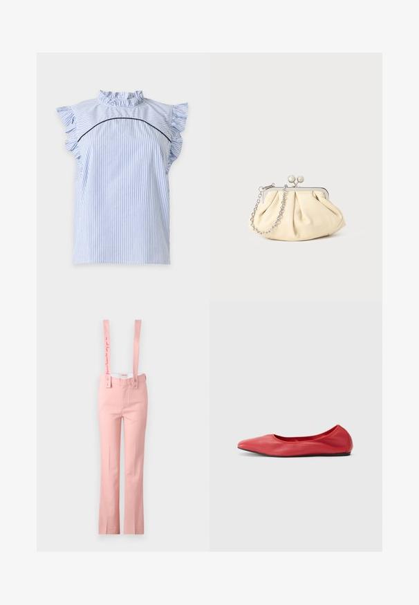 Blusa sin mangas azul claro con rayas verticales en azul marino, cuello alto con volantes, mangas flutter y ribete negro curvado en el pecho.; Pantalones rosas de pierna ancha con tirantes ajustables; las correas de los tirantes cuentan con texto bordado; fabricados con tela suave.; Filippa K REY FLATS - Bailarinas - bright red; Clutch de cuero beige plisado con un marco de metal plateado, que cuenta con dos broches decorativos redondos y una correa de cadena plateada.