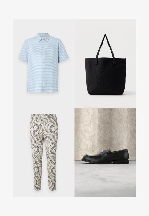 Chemise à manches courtes bleu clair et blanc avec petit motif à carreaux et col classique sur fond blanc.; Pantalons à motifs avec un design de serpent en noir et gris sur un fond beige clair, dotés d'une fermeture à bouton et d'une coupe slim.; Mocassin en cuir noir avec une plaque de marque en métal reposant près d'une table ronde marron sur un sol recouvert de moquette beige.; Sac fourre-tout en toile noire avec deux bandoulières et un motif circulaire discret en relief sur le devant.
