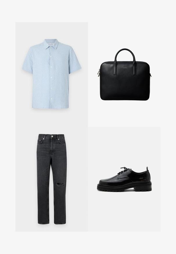 Hellblaues und weißes Kurzarmhemd mit kleinem Karomuster und klassischem Kragen auf weißem Hintergrund.; Schwarze Denim-Jeans mit geradem Bein, featuring ein zerrissenes Knie, Fünf-Taschen-Design und Metallbeschläge an der Taille und den Taschen.; Schwarzer polierter Lederschnürschuh mit dicker Gummisohle und niedrigem Absatz, seitlichem Marken-Schriftzug "SAMSOE" und hinterer Zuglasche.; Schwarze strukturierte Lederaktentasche mit zwei Griffen und silbernen Reißverschlussanhängern, zentriert auf weißem Hintergrund.