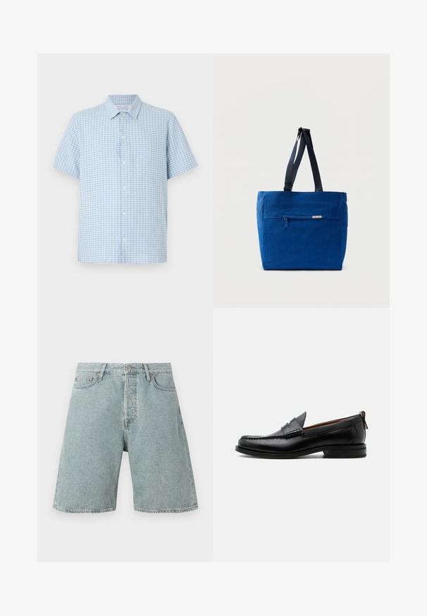Lichtblauw en wit overhemd met korte mouwen, klein geblokt patroon en klassieke kraag op witte achtergrond.; Lichtblauwe denim shorts met een relaxed fit, vijf zakken en een knoopsluiting. Verweerde textuur met zichtbare stikdetails.; Zwarte leren herensloffen met moc toe stiksel, pennyriem, gestructureerde kraag en lage gestapelde hak op witte achtergrond.; Blauwe canvas boodschappentas met een voorvak met rits, dubbele schouderbanden en een rechthoekige vorm. Heeft een subtiel merklabel.