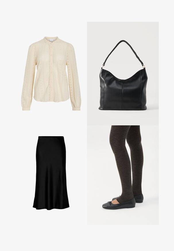 Blusa de encaje color crema con mangas largas abullonadas, cuello redondo y cierre de botones en la parte delantera.; Falda midi de satén negro con una textura suave, dobladillo acampanado y una cinturilla ajustada, que presenta un diseño simple y clásico.; Piernas con leggings oscuros acanalados combinados con bailarinas negras que presentan pequeños detalles de lazo sobre un fondo blanco.; Bolso de hombro de cuero negro con asa retorcida y detalles de costura vertical sobre un fondo claro y liso.