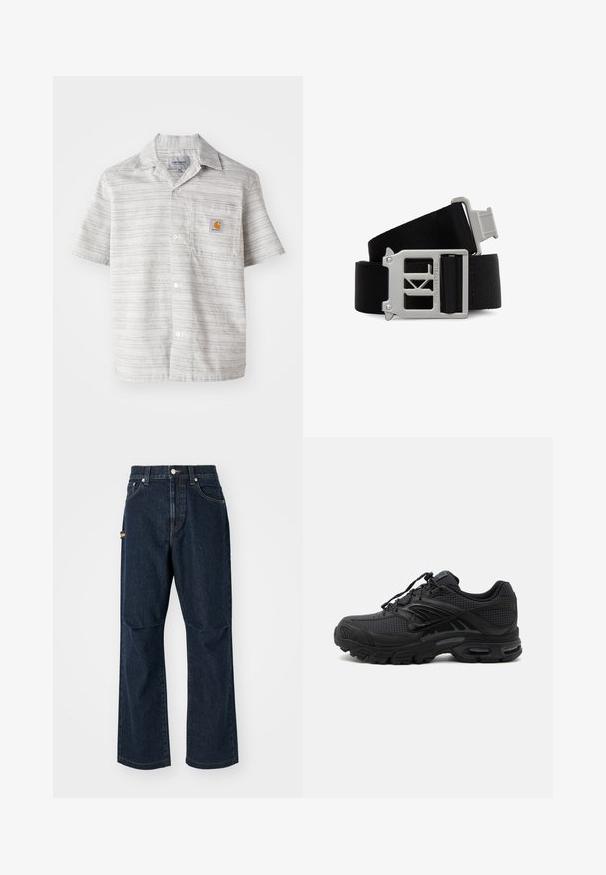 Kortærmet skjorte i lys grå med lodrette striber, knappelukning foran og en brystlomme med et lille orange logo. Fabrik i bomuldsblanding.; Mørkeblå denim jeans med lige ben, frontlommer og en sidelomme. Har stiklinger i kontrastfarve og en knap i taljen.; Sort atletisk sneaker med tekstureret stof, tyk polstret sål, luftventiler og snørelukning, vist fra siden på en lys baggrund.; Sorte nylonbælte med en sølvmetalspænde med udsnitdesign og indgraveret tekst. Stropen er struktureret og holdbar.