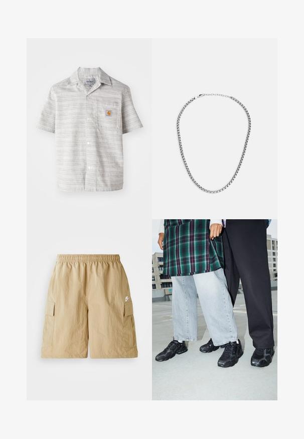 Camisa de mangas cortas en gris claro con rayas verticales, cierre de botones en el frente y un bolsillo en el pecho que presenta un pequeño logo naranja. Tejido de mezcla de algodón.; Pantalones cortos de cargo beige con cintura elástica, bolsillos delanteros y un pequeño logo de Nike en blanco. Tejido ligero con una textura arrugada.; Zapatillas deportivas negras con acentos de malla y goma. Combinadas con jeans de pierna ancha de color gris claro y una blusa de cuadros verdes. Fondo de superficie plana.; Fossil JEWELRY NECKLACE - Collar - silver-coloured