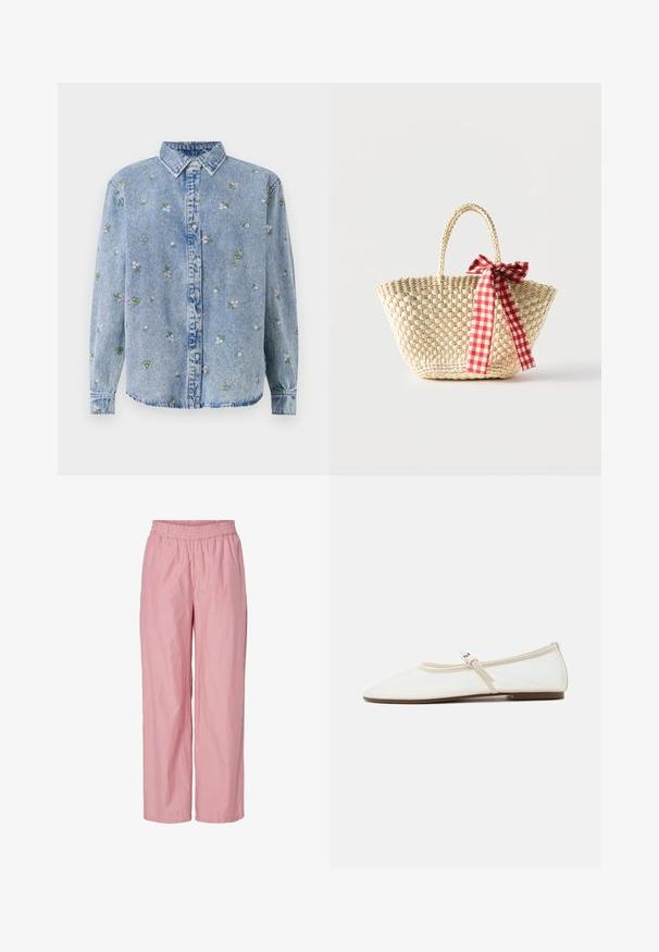 Helles blaues Denim-Hemd mit Button-Down-Kragen, verziert mit verstreuten floralem Stickereien in Grün und Rosa. Klassischer Schnitt, lange Ärmel.; Rosa gestreifte weit geschnittene Hose mit elastischem Bund. Hergestellt aus leichtem Stoff mit glatter Textur. Enthält subtile vertikale Streifen.; Weißer Mary Jane Ballerinaschuh mit spitz zulaufender Schuhspitze, dünnem verstellbarem Riemen mit silberner Schnalle und brauner Sohle auf weißem Hintergrund.; Geflochtene Strohtasche mit geflochtenen Griffen und einer rot-weiß karierten Schleife, die an einer Seite gebunden ist.