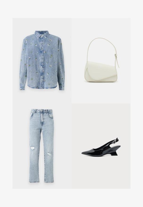 Chemise en denim bleu clair avec un col boutonné, ornée d'une broderie florale éparpillée en vert et rose. Coupe classique, manches longues.; Jean en denim bleu clair avec une coupe décontractée, présentant deux déchirures au niveau des genoux, cinq poches et un ourlet effiloché. Fermeture à bouton et à glissière.; Chaussure slingback en cuir verni noir avec bout pointu et petit talon bloc incliné sur fond clair uni.; Sac à main en cuir synthétique blanc avec une forme triangulaire structurée, une bandoulière unique réglable et un rabat à courbes accentuées.