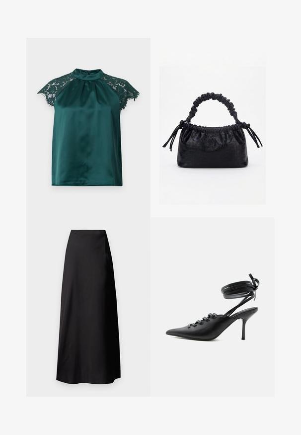 Blouse en satin vert avec un col montant, dotée de manches en dentelle et d'un devant plissé. Texture lisse avec des accents en dentelle détaillés.; Jupe maxi en satin noir avec une texture lisse, taille haute, silhouette fluide et sans motifs ni détails en métal visibles.; Chaussure à talon haut noire à bout pointu avec laçage à l'avant et brides enroulées autour de la cheville nouées en nœud, vue de côté sur fond blanc.; Sac à main noir avec texture crocodile, bord supérieur froncé, poignée plissée et pompons à cordon de chaque côté sur fond blanc.