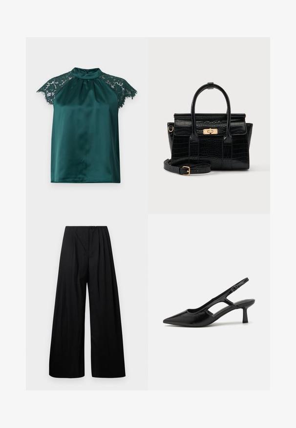 Blusa verde de satén con cuello alto, que presenta mangas cortas de encaje y un frente plisado. Textura suave con detalles en encaje.; Pantalones de pierna ancha negros con cintura alta, que cuentan con pliegues verticales y cierre de botón. Textura suave, diseño minimalista.; Tacones de slingback negros con punta afilada, hechos de material brillante, que presentan acentos recortados y un tacón moderado para mayor soporte.; Bolso negro con textura de cocodrilo, con dos asas, una correa desmontable y un cierre rectangular dorado en la solapa delantera.